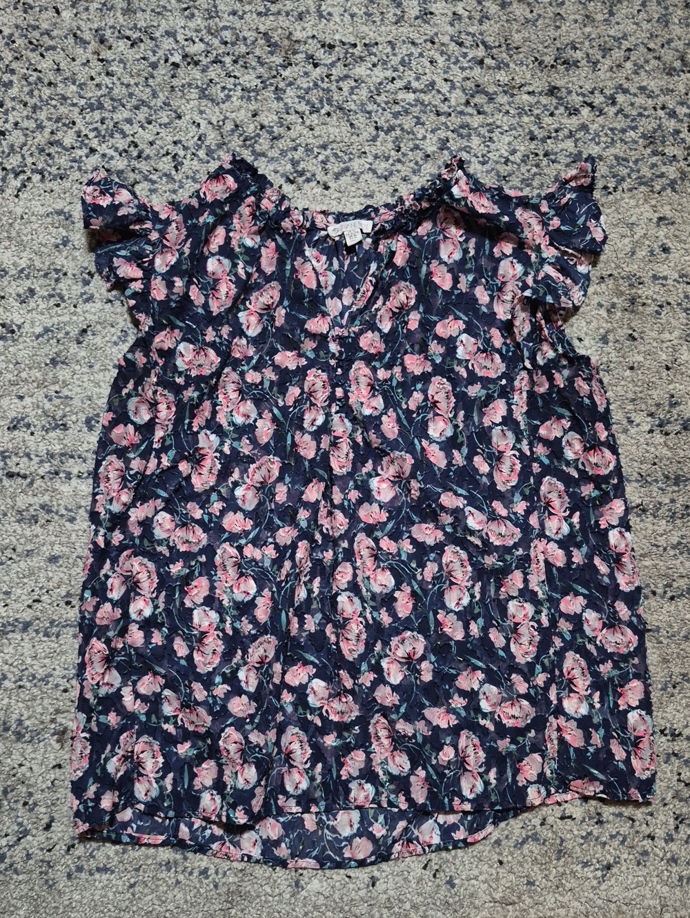 Floral Ruffle Sleeve Blouse - Navy with Pink Flowers